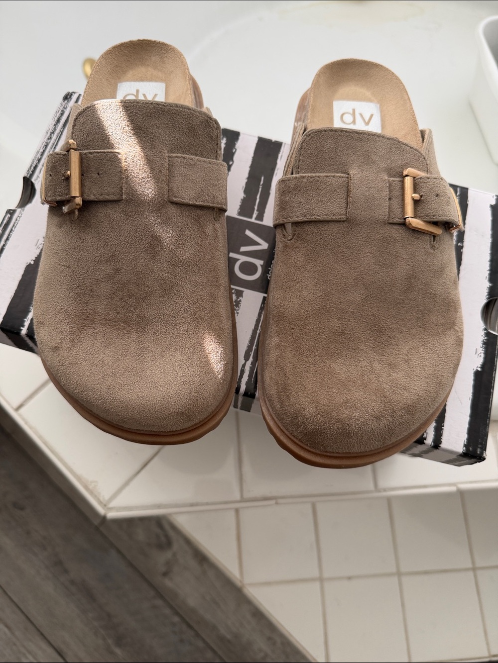 DV by Dolce Vita Taupe Suede Slip-On Clogs with Gold Buckle